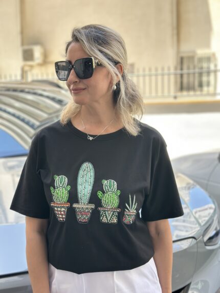 Kaktüs Baskılı Taşlı T-shırt