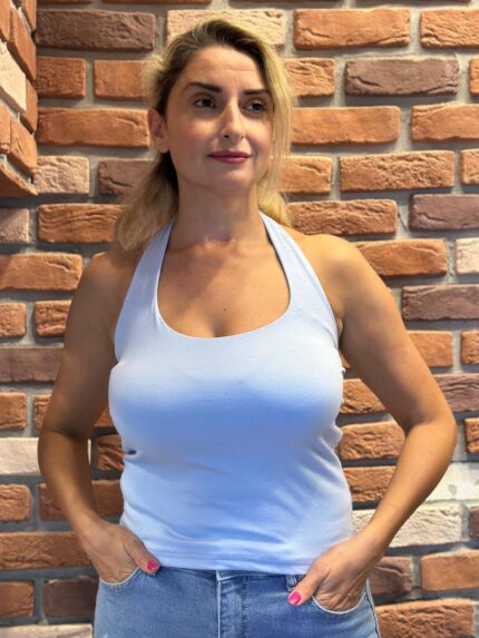 Mavi Boyundan Geçmeli Bluz