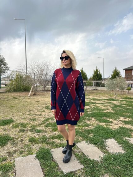 Baklava Desenli Triko Elbise